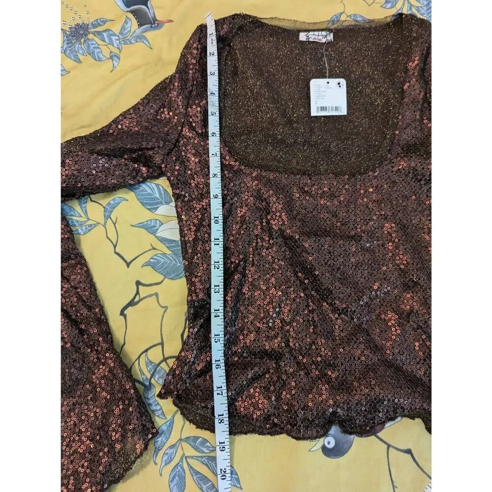 NEW FREE PEOPLE LATE NIGHT DISCO SEQUIN LAYERING TOP BROWN SZ SMALL